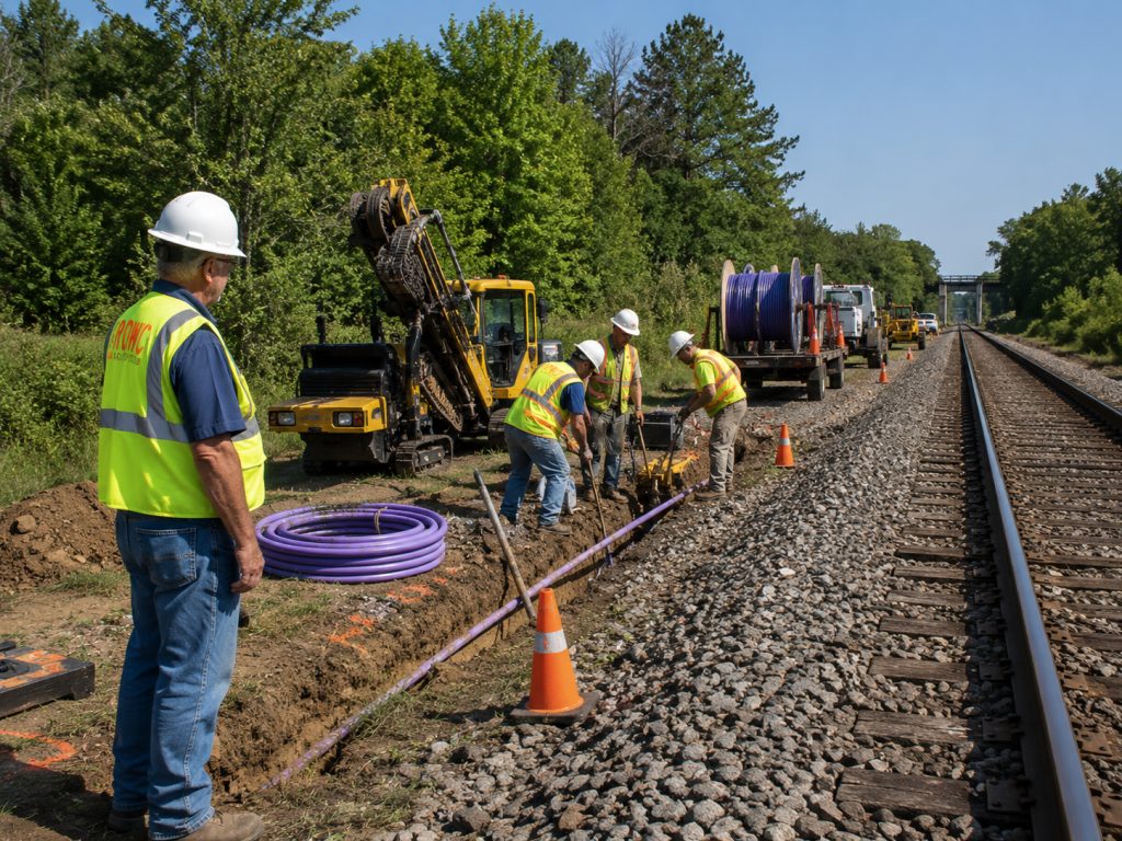 ROWC flagger overseeing fiber optic cable installation along the railroad