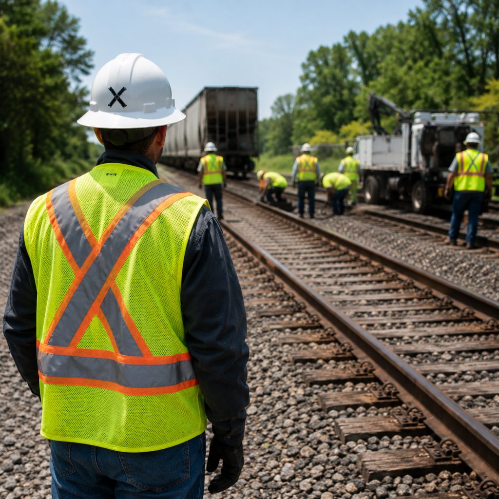 ROWC flagger in a safety vest watching an active track work zone