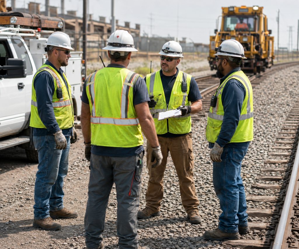 ROWC flaggers in hard hats and safety vests reviewing plans beside the track