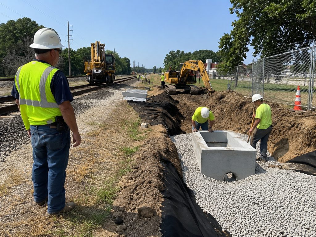 ROWC flagger overseeing civil construction near the rail line