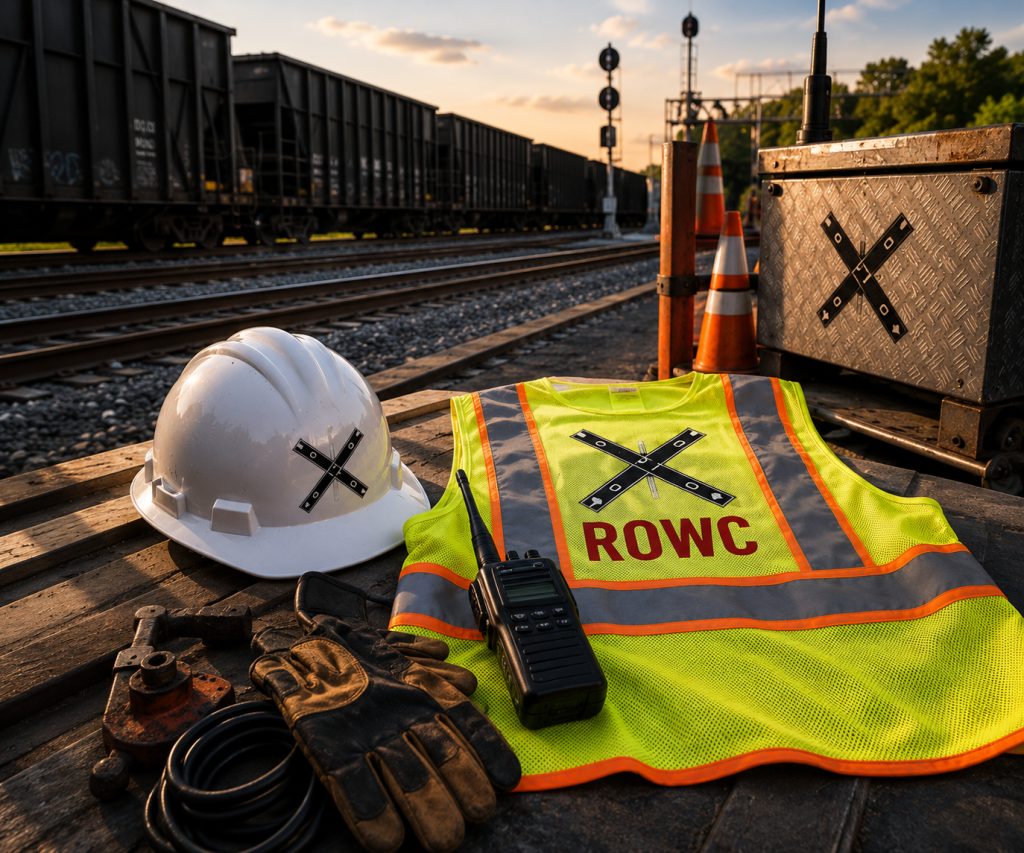 ROWC hard hat, safety vest, radio and gloves at a railroad crossing