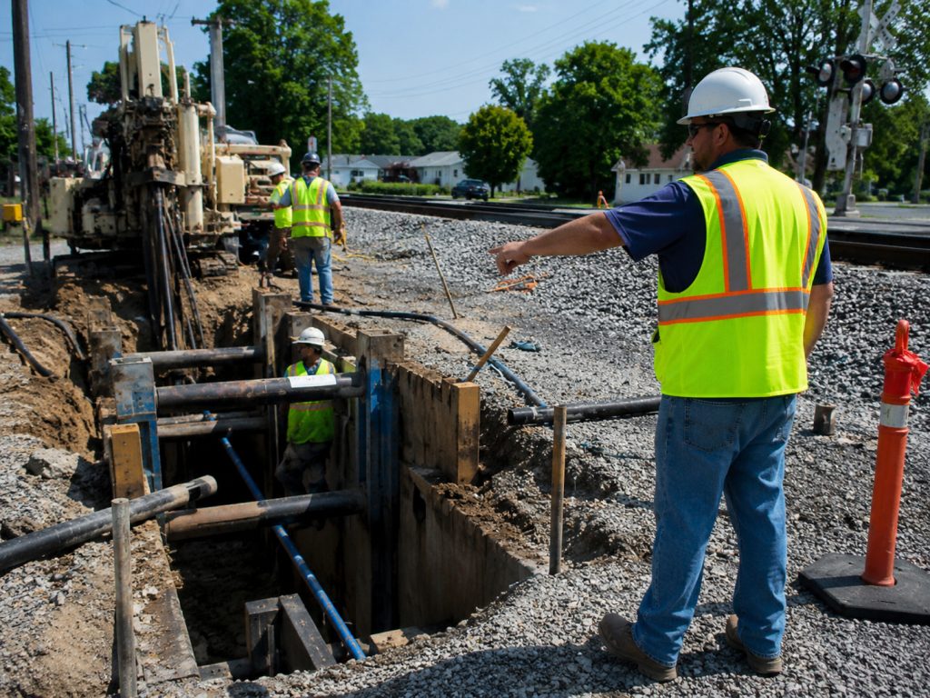 ROWC flagger supervising underground construction next to the railroad